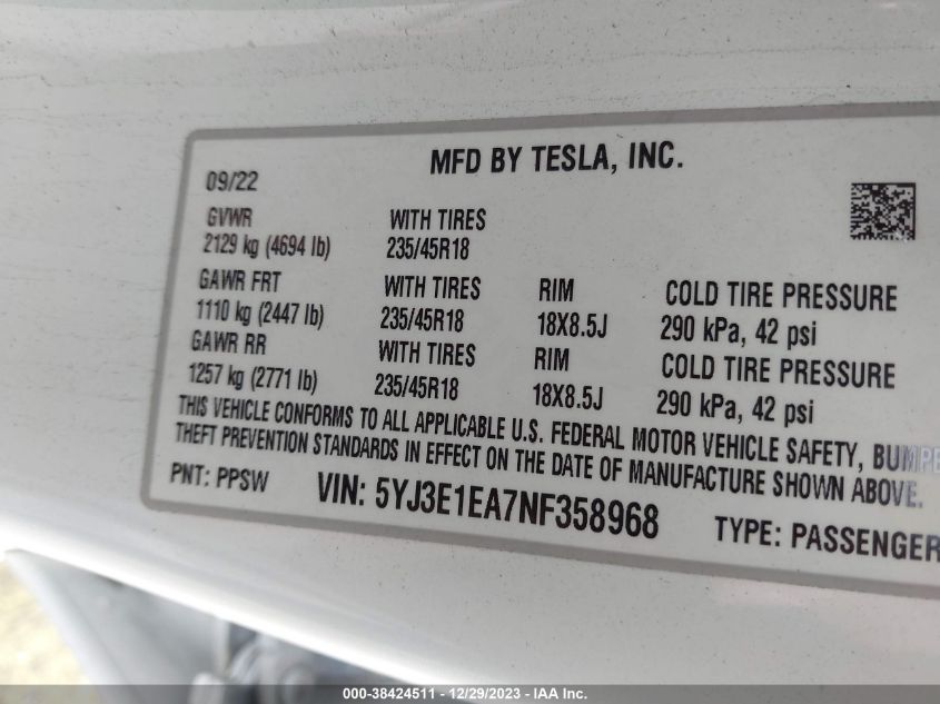 2022 TESLA MODEL 3 - 5YJ3E1EA7NF358968