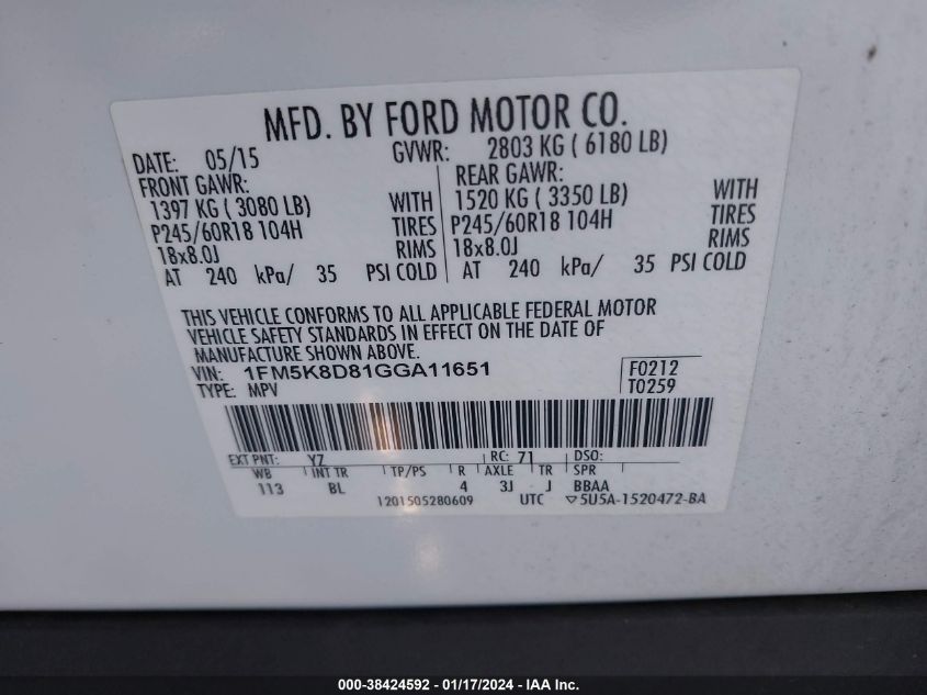 2016 FORD EXPLORER XLT - 1FM5K8D81GGA11651