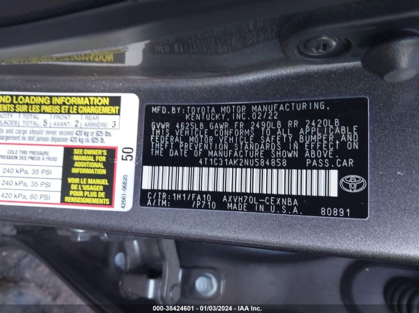 2022 TOYOTA CAMRY LE HYBRID - 4T1C31AK2NU584858