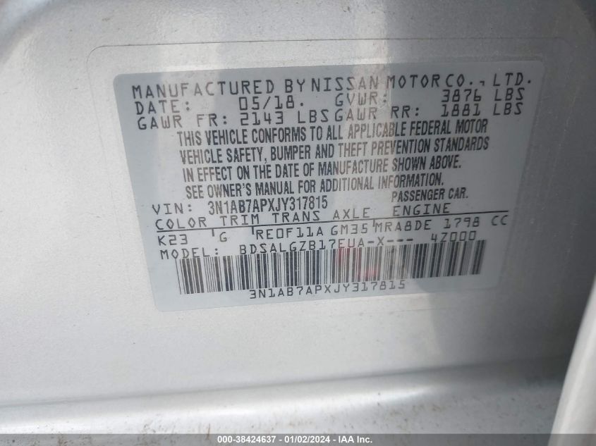 2018 NISSAN SENTRA S/SV/SR/SL - 3N1AB7APXJY317815