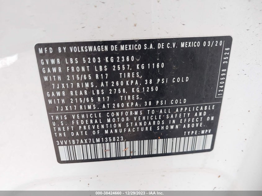 VIN 3VV1B7AX7LM135823 2020 VOLKSWAGEN TIGUAN S