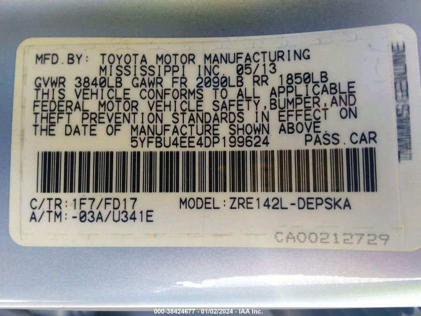 2013 TOYOTA COROLLA S/LE - 5YFBU4EE4DP199624