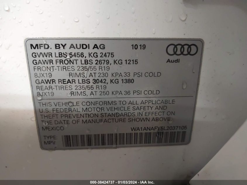 WA1ANAFY5L2037105 2020 AUDI Q5, photo no. 9