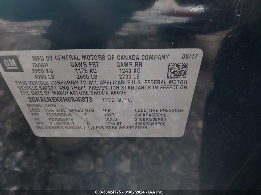 VIN 2GKALNEK8H6346873 2017 GMC TERRAIN SLE