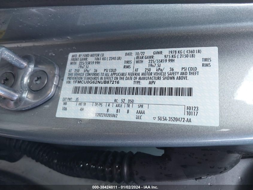 2022 FORD ESCAPE SE - 1FMCU0G62NUB87216