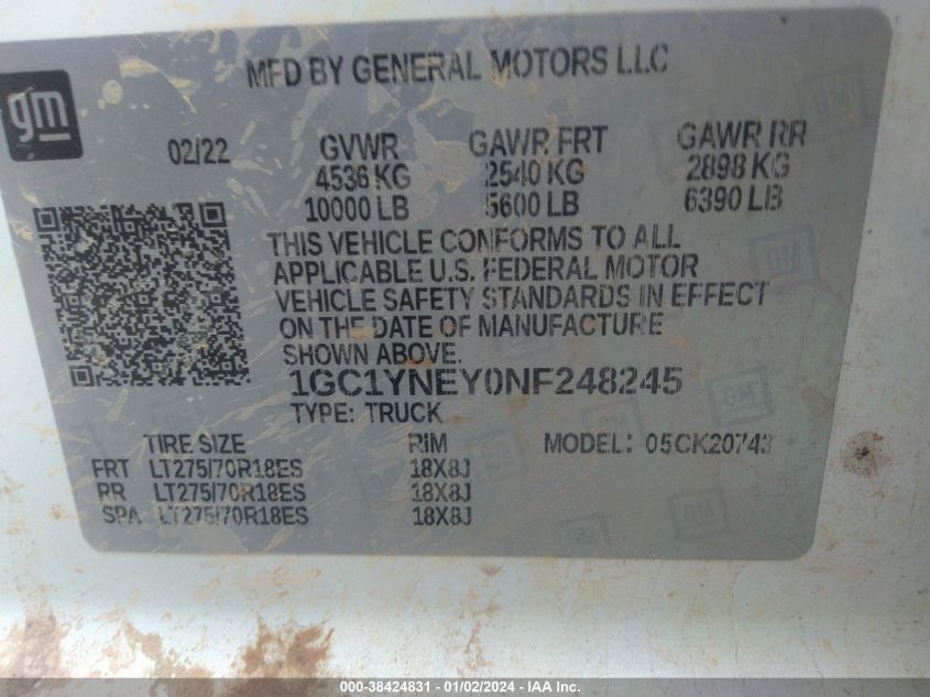 2022 CHEVROLET SILVERADO K2500 HEAVY DUTY LT - 1GC1YNEYONF248245