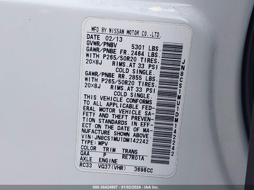 2013 INFINITI FX37 - JN8CS1MU1DM142242