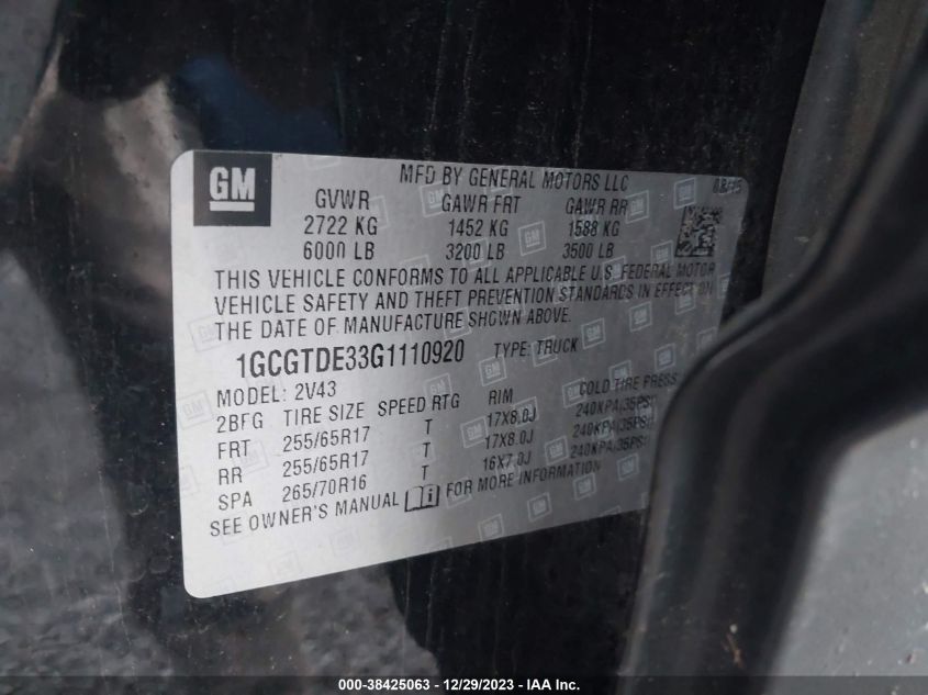 2016 CHEVROLET COLORADO Z71 - 1GCGTDE33G1110920
