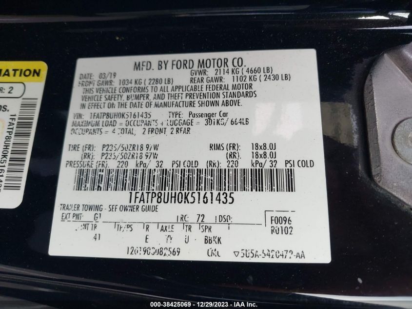 1FATP8UH0K5161435 2019 FORD MUSTANG, photo no. 9