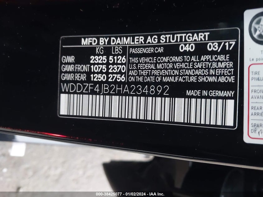 VIN WDDZF4JB2HA234892 2017 MERCEDES-BENZ E 300 300