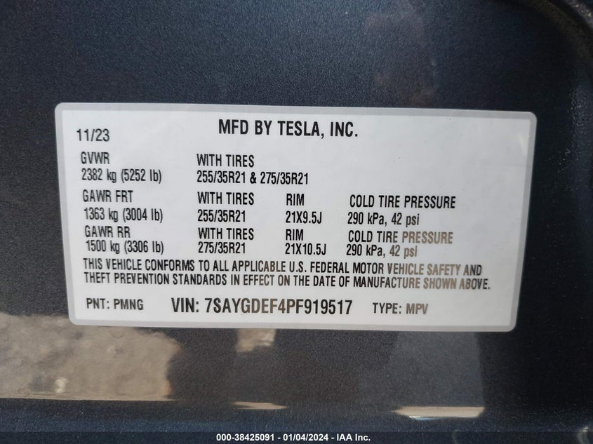 VIN 7SAYGDEF4PF919517 2023 TESLA MODEL Y