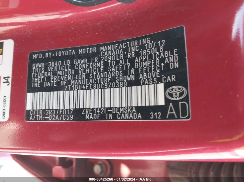 2013 TOYOTA COROLLA S - 2T1BU4EE8DC970389