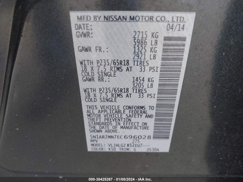 2014 NISSAN PATHFINDER SL - 5N1AR2MN7EC696028