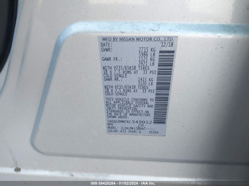 2019 INFINITI QX60 PURE - 5N1DL0MM7KC549052