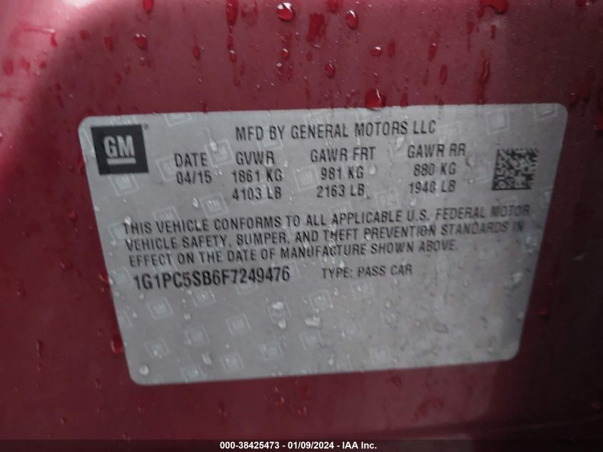 2015 CHEVROLET CRUZE 1LT AUTO - 1G1PC5SB6F7249476