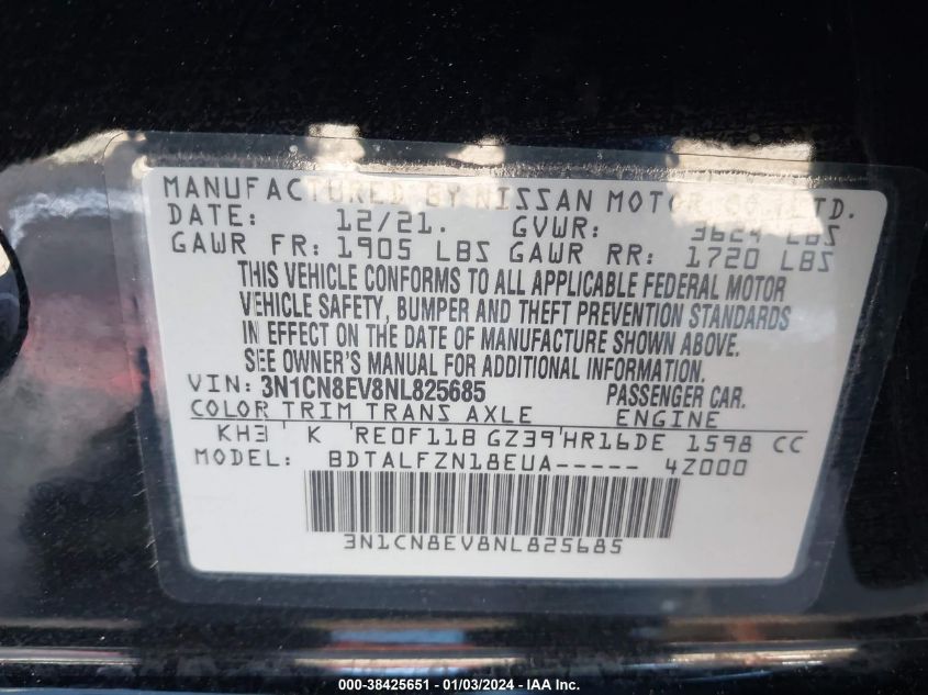 2022 NISSAN VERSA SV - 3N1CN8EV8NL825685