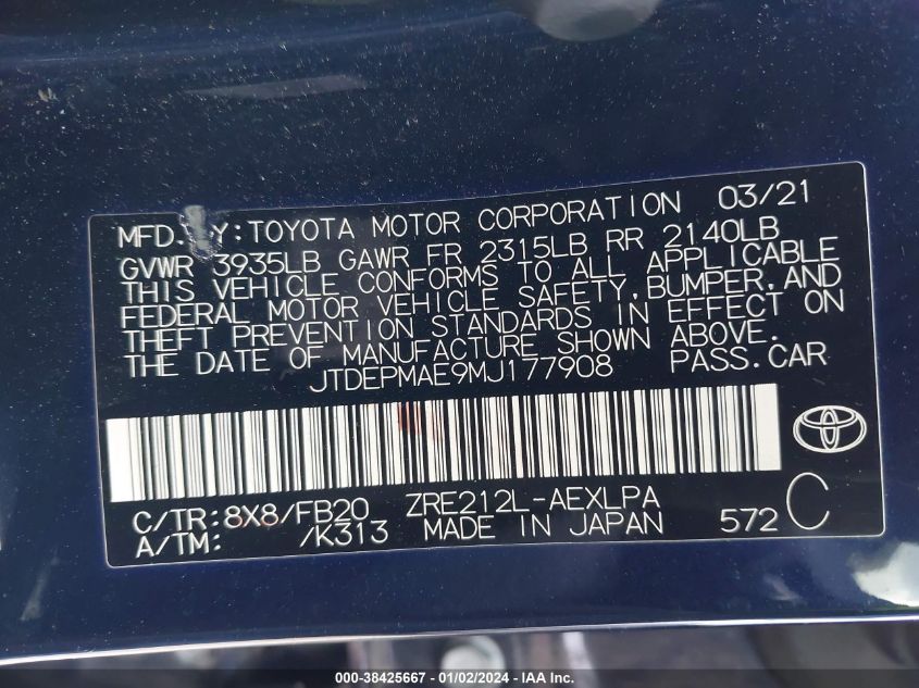 2021 TOYOTA COROLLA LE - JTDEPMAE9MJ177908