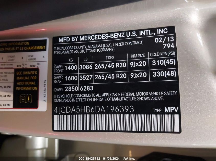 2013 MERCEDES-BENZ ML 350 4MATIC 4JGDA5HB6DA196393