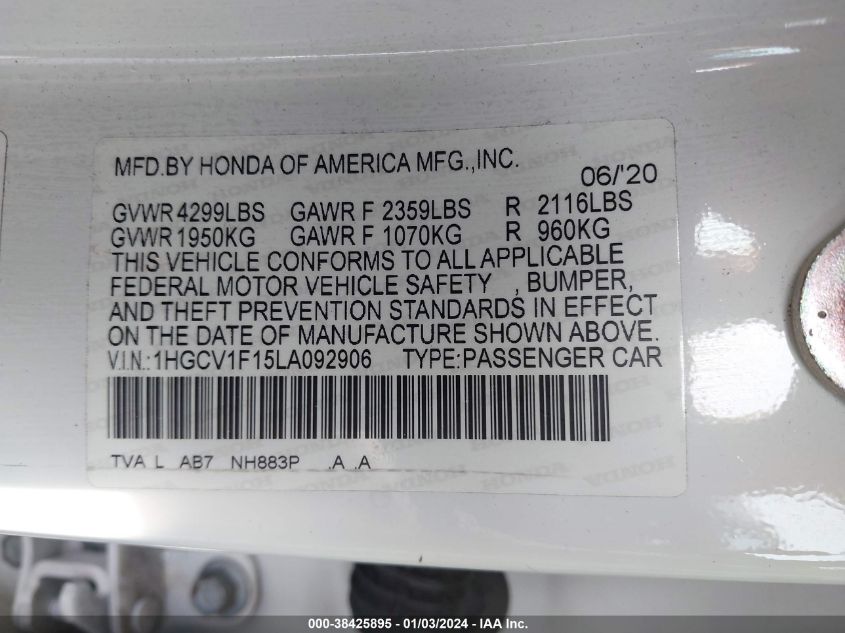2020 HONDA ACCORD LX - 1HGCV1F15LA092906