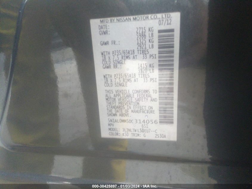 2013 INFINITI JX35 - 5N1AL0MM5DC314056