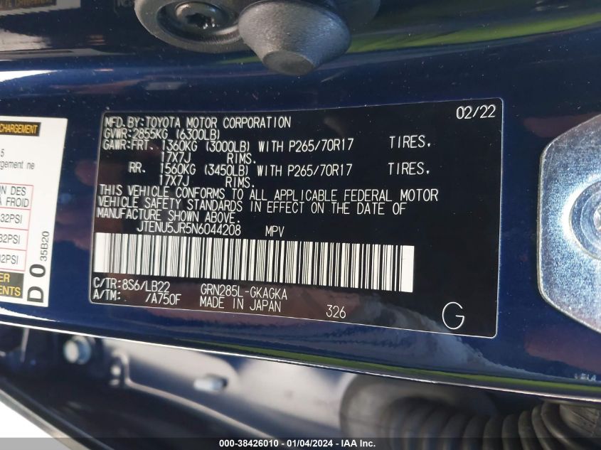 2022 TOYOTA 4RUNNER SR5/SR5 PREMIUM/TRAIL/LIMITED/TRD SPORT/TRD OFF ROAD/TRD OFF ROAD PREM/TRD PRO - JTENU5JR5N6044208