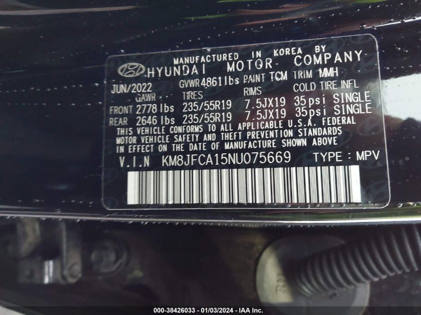 2022 HYUNDAI TUCSON HYBRID SEL CONVENIENCE KM8JFCA15NU075669