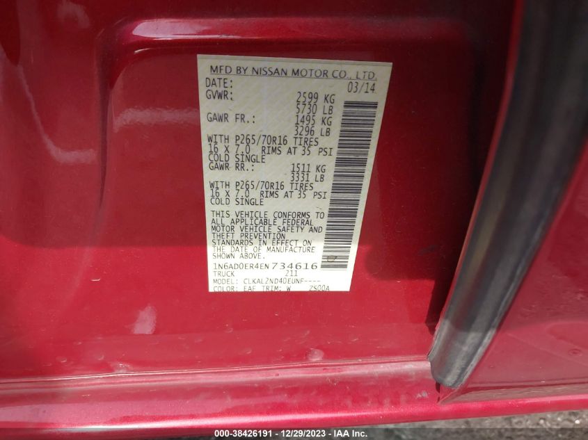 2014 NISSAN FRONTIER SV - 1N6AD0ER4EN734616