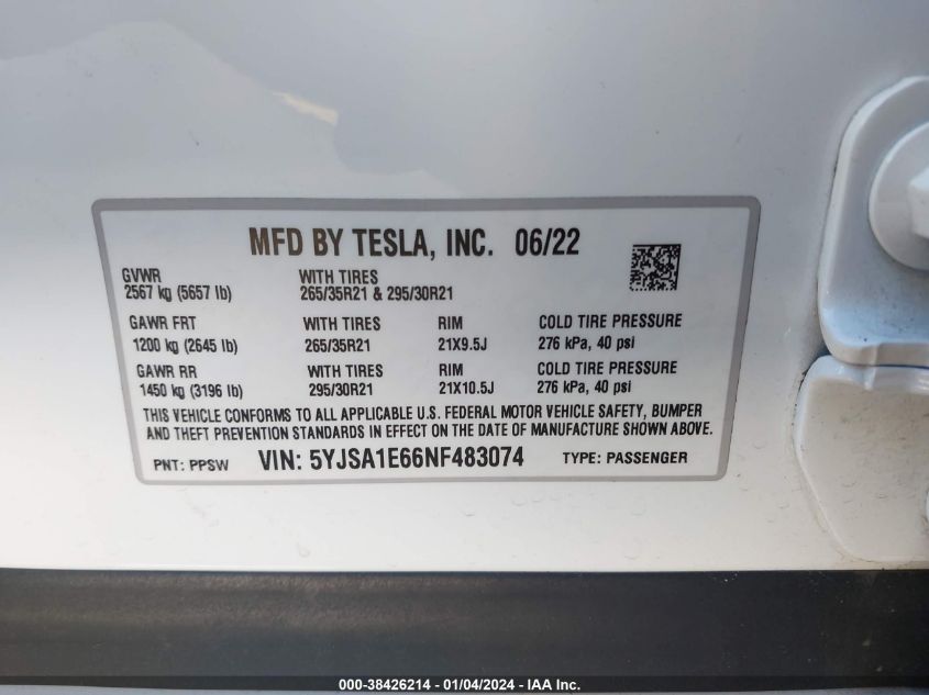 2022 TESLA MODEL S PLAID TRI MOTOR ALL-WHEEL DRIVE - 5YJSA1E66NF483074