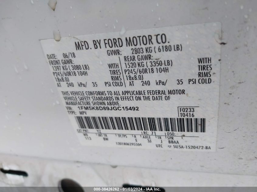 2018 FORD EXPLORER XLT - 1FM5K8D89JGC15492
