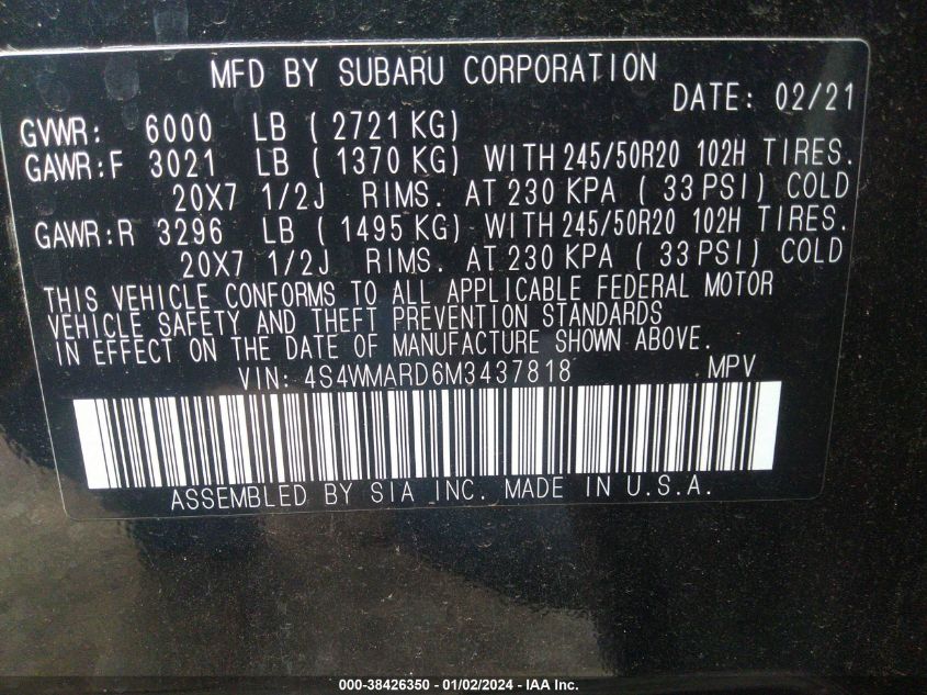 2021 SUBARU ASCENT TOURING - 4S4WMARD6M3437818