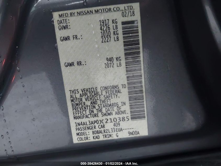 2018 NISSAN ALTIMA 2.5/S/SV/SL/SR - 1N4AL3AP0JL210385