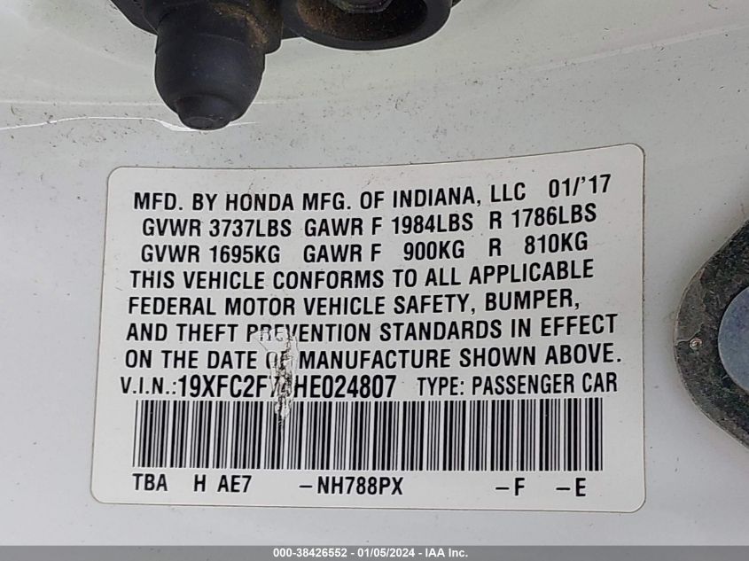 2017 HONDA CIVIC EX - 19XFC2F74HE024807