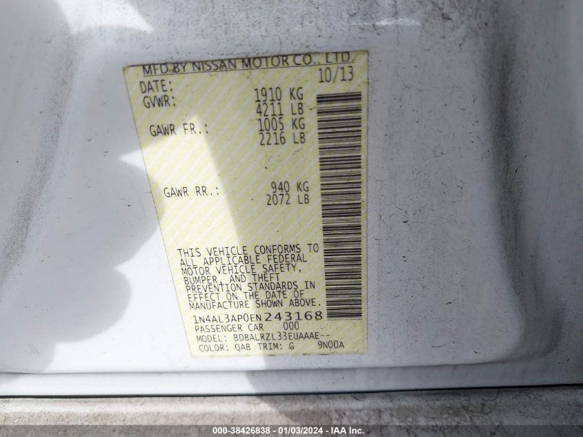 2014 NISSAN ALTIMA 2.5 S - 1N4AL3AP0EN243168