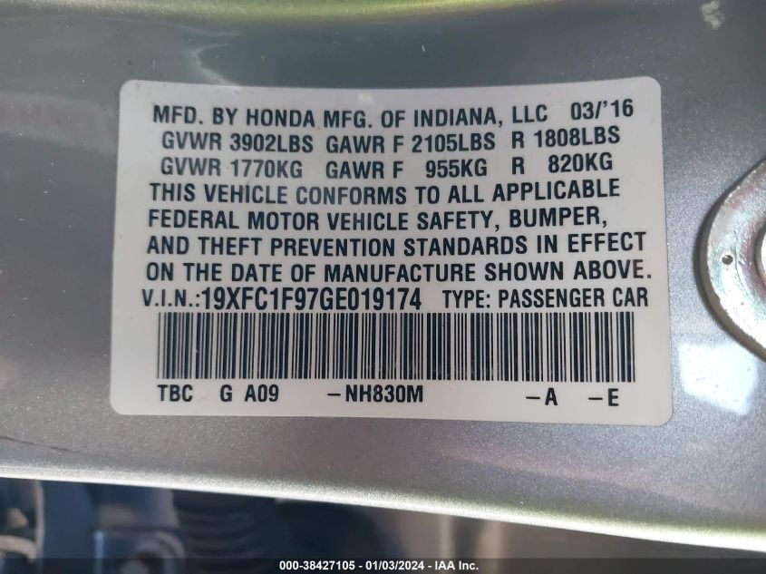 2016 HONDA CIVIC TOURING - 19XFC1F97GE019174
