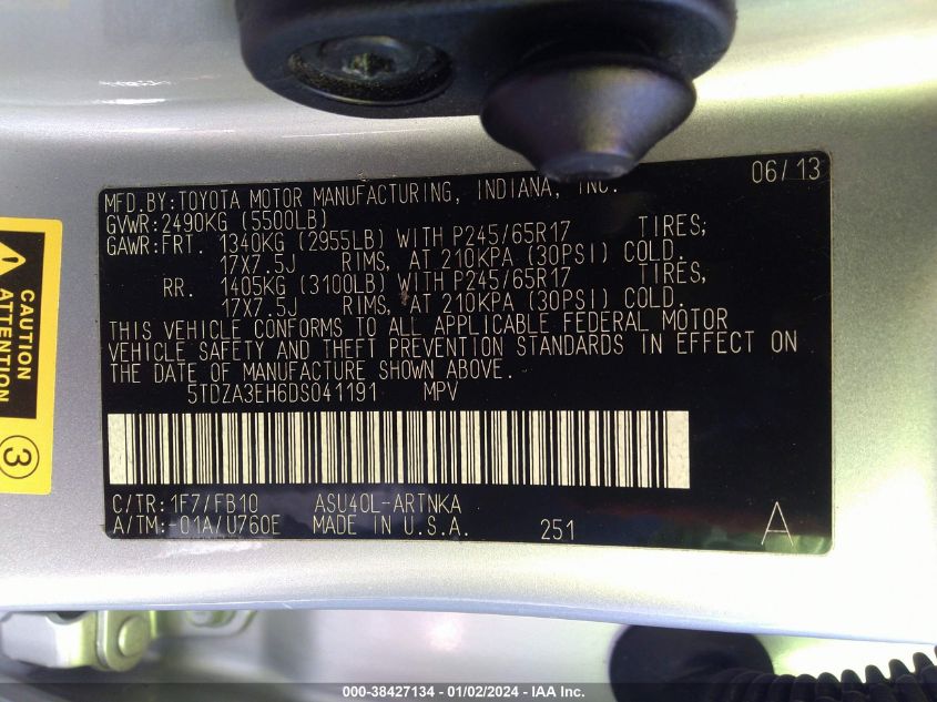 2013 TOYOTA HIGHLANDER - 5TDZA3EH6DS041191