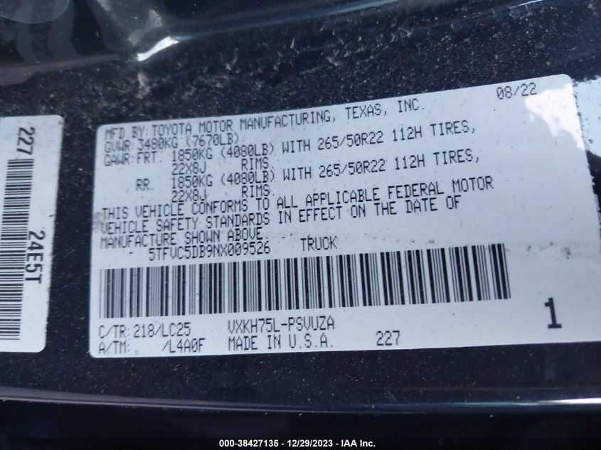 2022 TOYOTA TUNDRA HYBRID CAPSTONE - 5TFVC5DB9NX009526