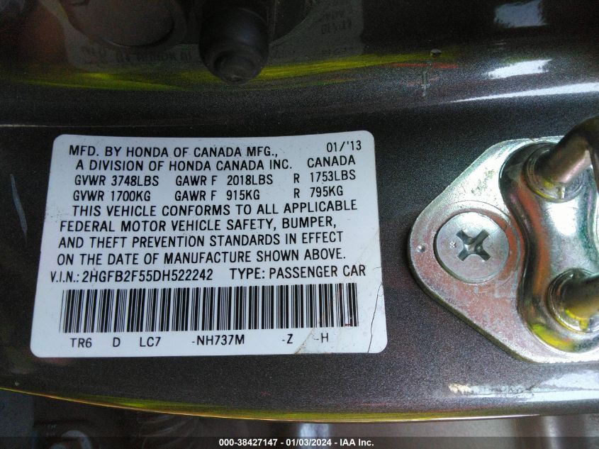 2013 HONDA CIVIC LX - 2HGFB2F55DH522242