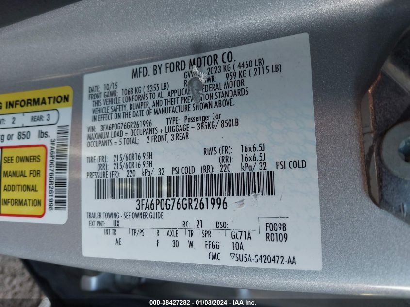 2016 FORD FUSION S - 3FA6P0G76GR261996