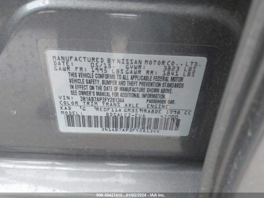 2015 NISSAN SENTRA S/SV/SR/SL - 3N1AB7AP3FY281344