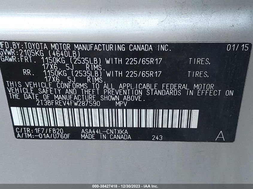 2015 TOYOTA RAV4 LE - 2T3BFREV4FW287590