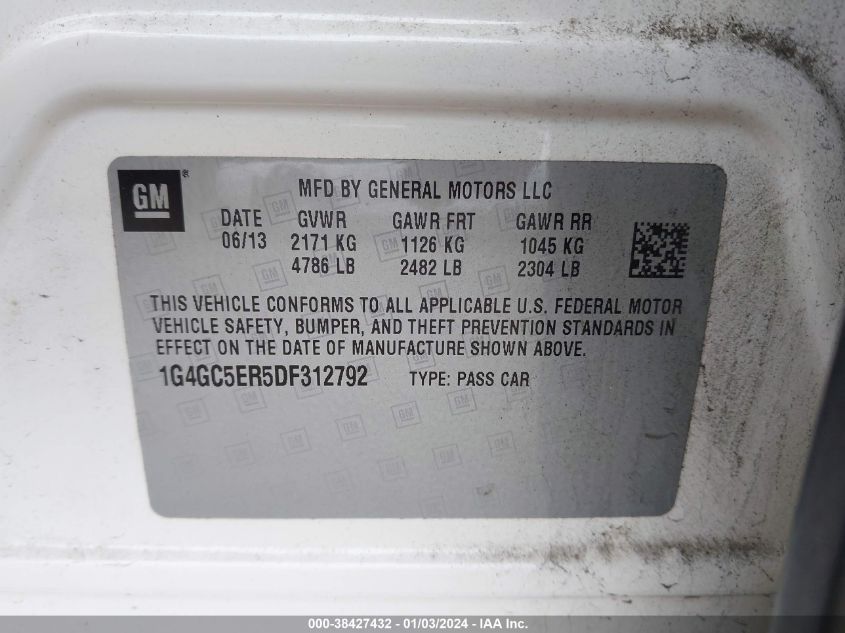 2013 BUICK LACROSSE LEATHER GROUP - 1G4GC5ER5DF312792