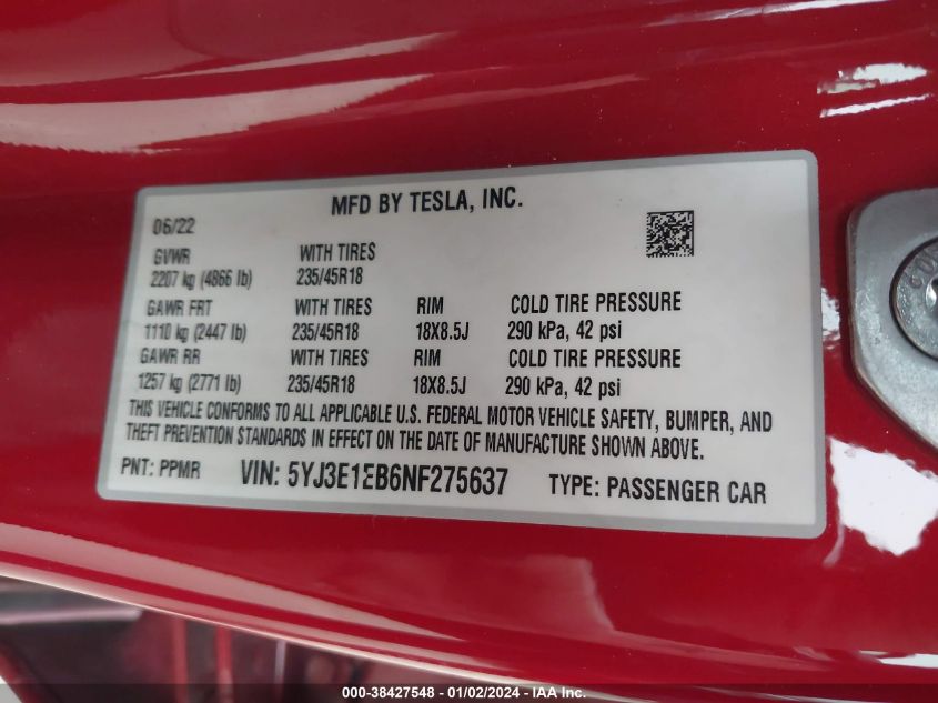 2022 TESLA MODEL 3 - 5YJ3E1EB6NF275637