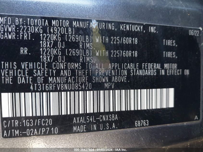 2022 TOYOTA RAV4 SE HYBRID - 4T3T6RFV8NU085420