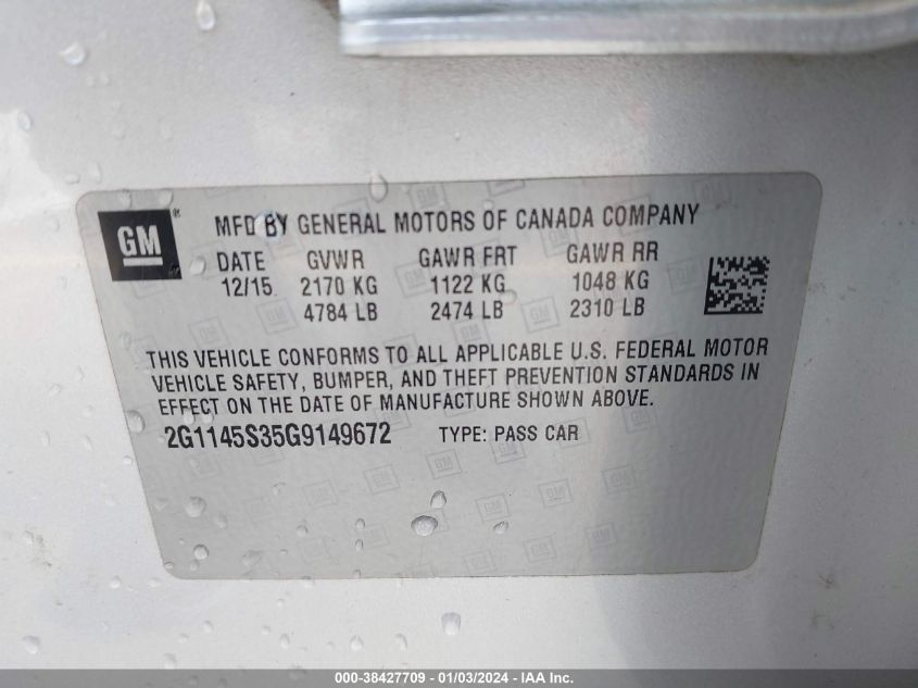 2016 CHEVROLET IMPALA 2LZ - 2G1145S35G9149672