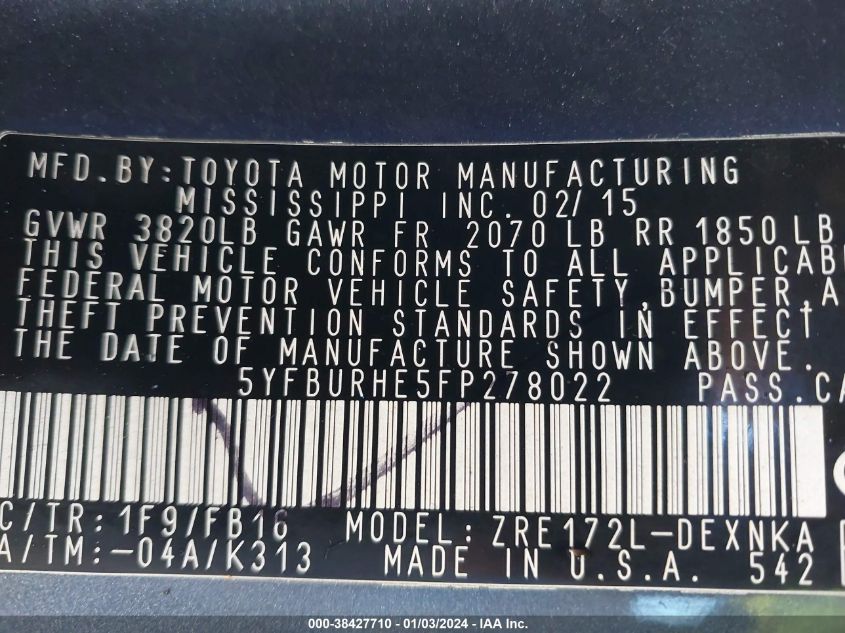 2015 TOYOTA COROLLA LE - 5YFBURHE5FP278022