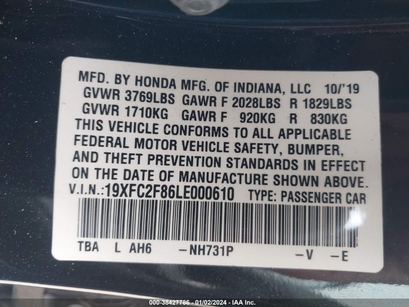 2020 HONDA CIVIC SPORT - 19XFC2F86LE000610