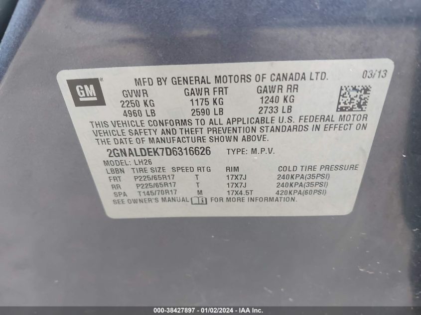 2013 CHEVROLET EQUINOX 1LT - 2GNALDEK7D6316626