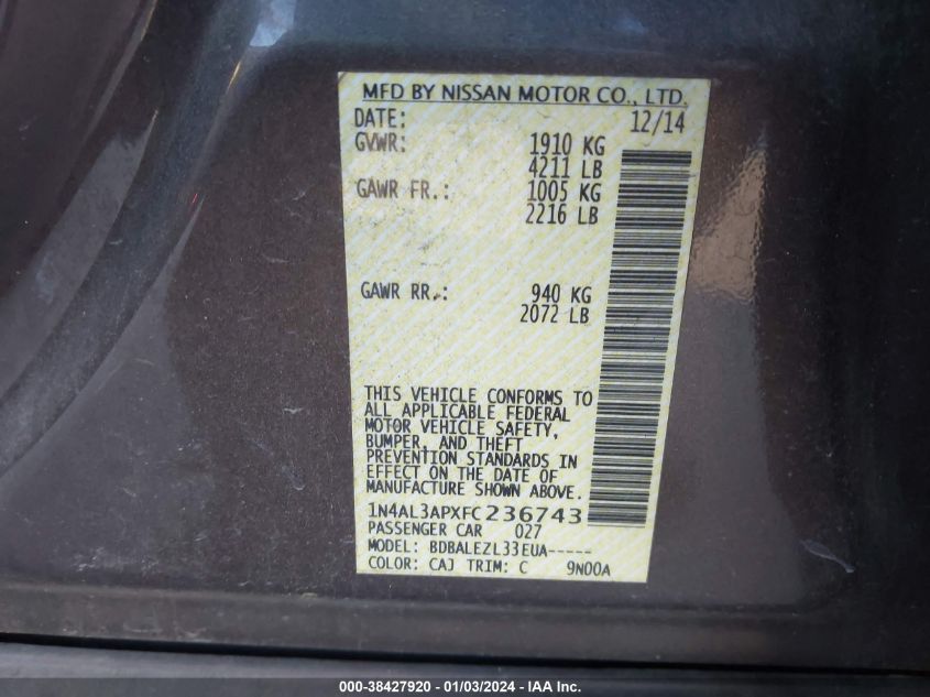 2015 NISSAN ALTIMA 2.5 S - 1N4AL3APXFC236743