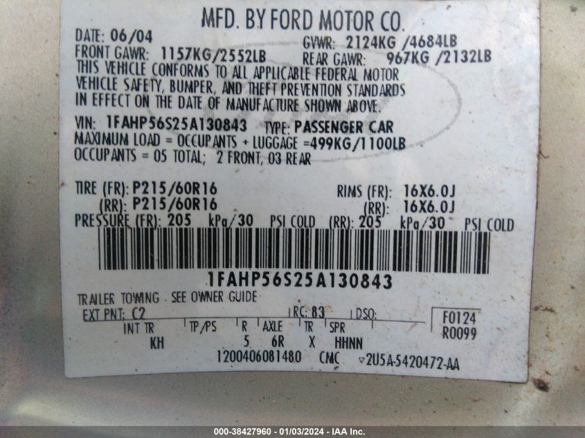 1FAHP56S25A130843 | 2005 FORD TAURUS