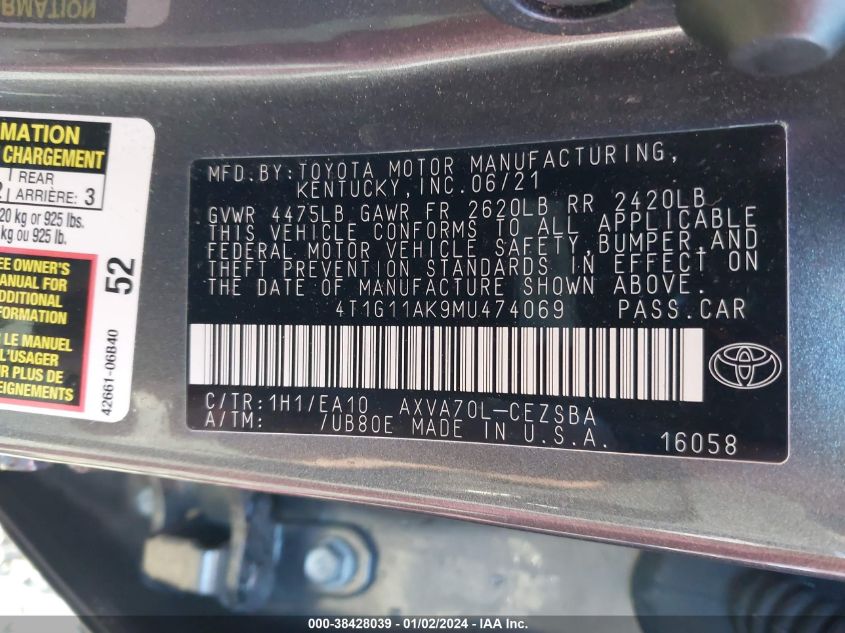 2021 TOYOTA CAMRY SE - 4T1G11AK9MU474069